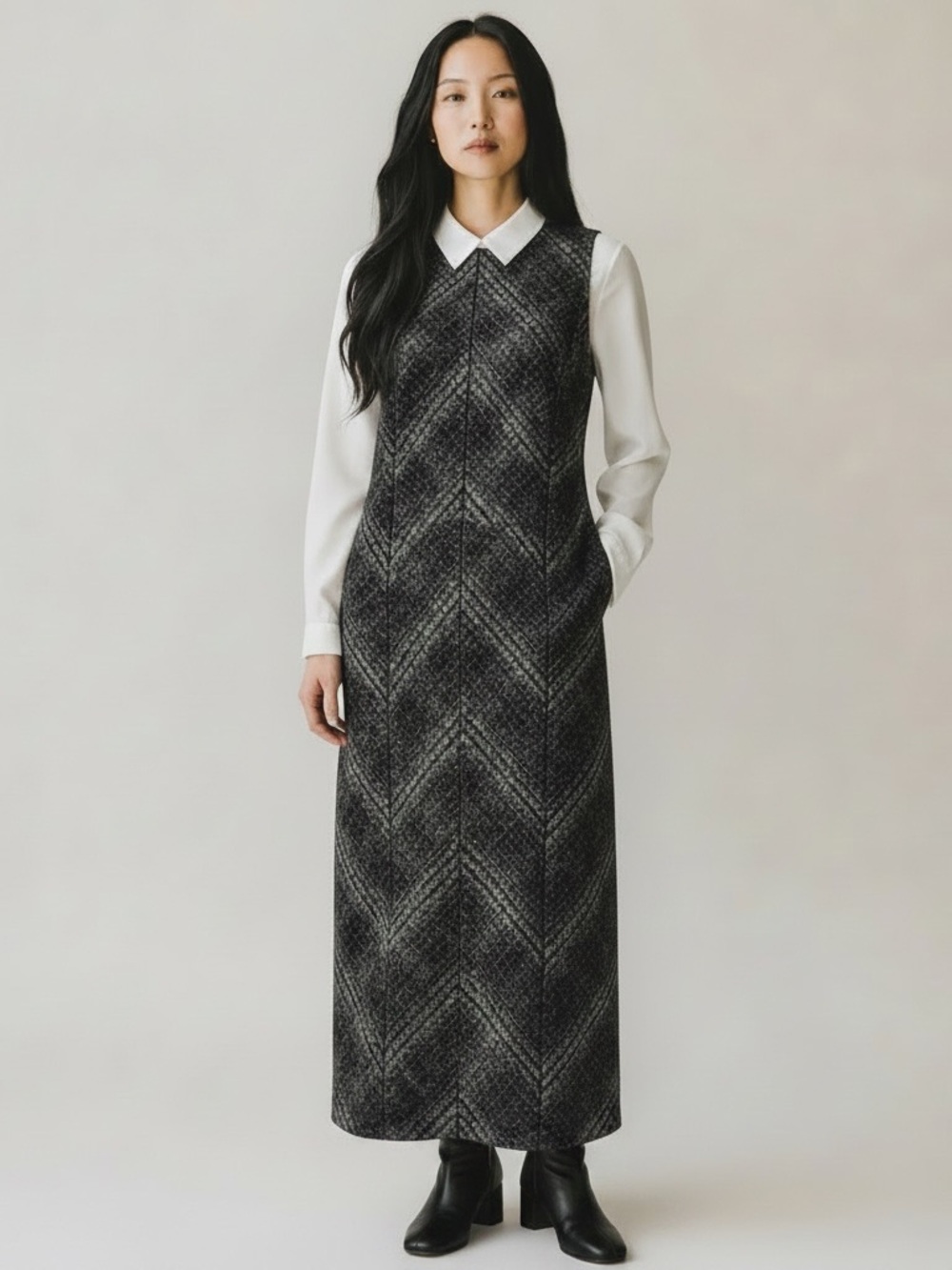 Banana Republic Black & Gray Chevron Wool Blend Midi Dress Size 14